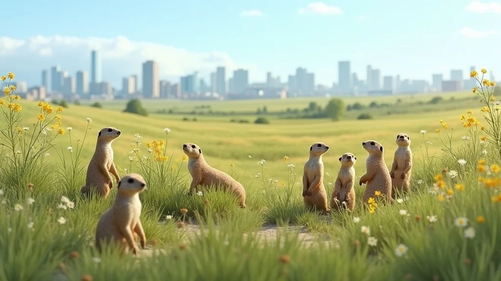 prairie dogs denver city edge, prairie landscape, group of prairie dogs near burrows, Rocky Mountain Arsenal fence, downtown skyline, photorealistic high realism daylight