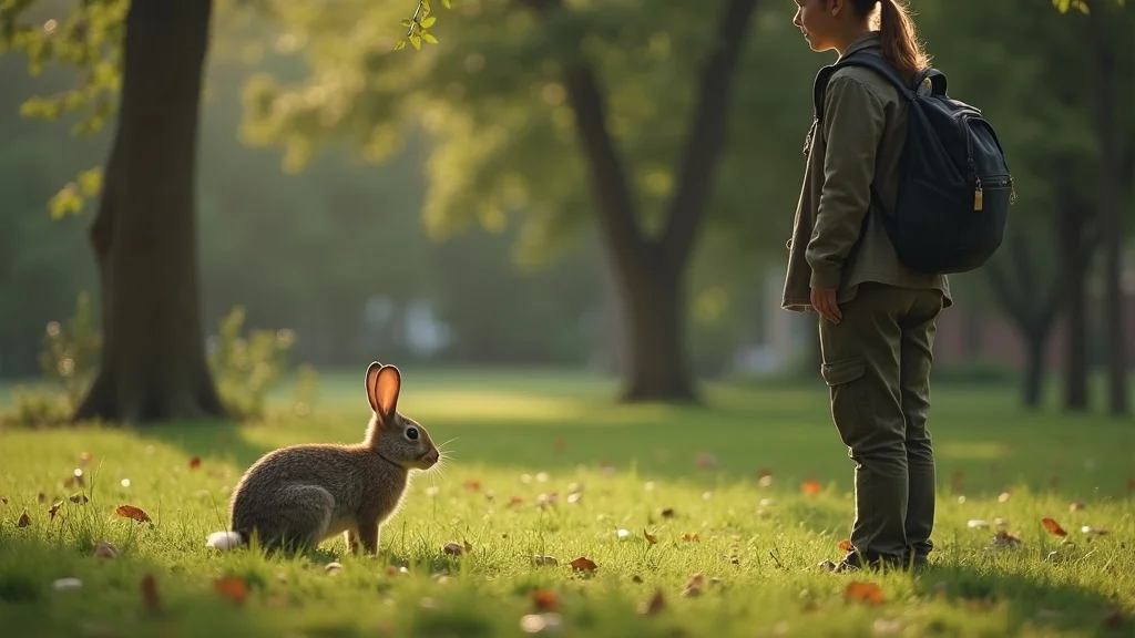 Concerned Aurora resident observing an injured wild rabbit at a safe distance in a local Aurora park — worry and readiness, standing cautiously nearby but not touching, photorealistic style with Aurora open-space background