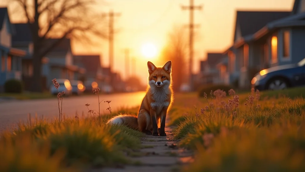 urban wildlife in denver - red fox in residential Denver neighborhood at dawn, photorealistic, front lawns, distant city skyline, warm pastel morning light