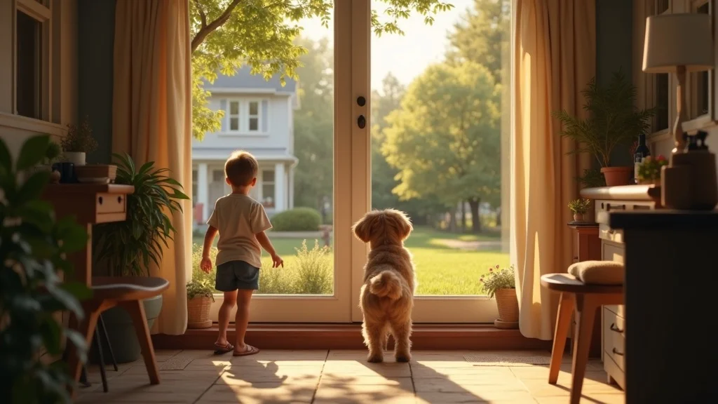 Suburban family home — wildlife removal safety for children and pets, sunlit yard, child and dog observing from inside window, subtle wildlife presence, photorealistic