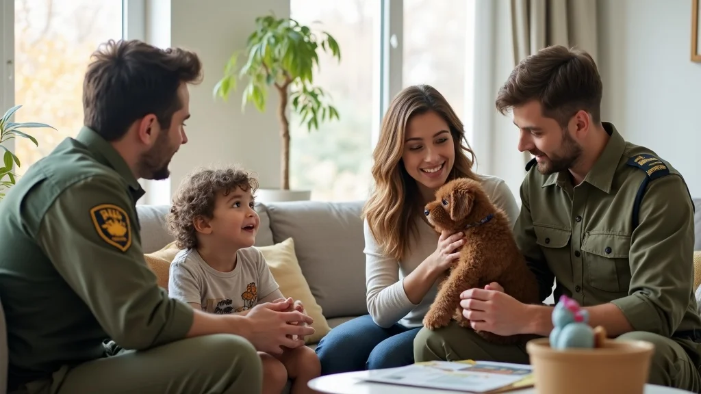 Family with child and pet talking to a professional wildlife removal technician in a safe, cozy home