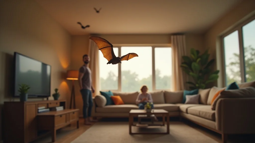 Modern suburban living room with a small brown bat flying near the ceiling. Family members observe calmly from a safe distance, illustrating how to handle a bat in your home.