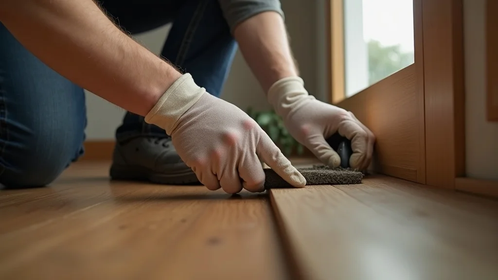 Homeowner sealing entry point with steel wool for rodent infestation response and control - pest control