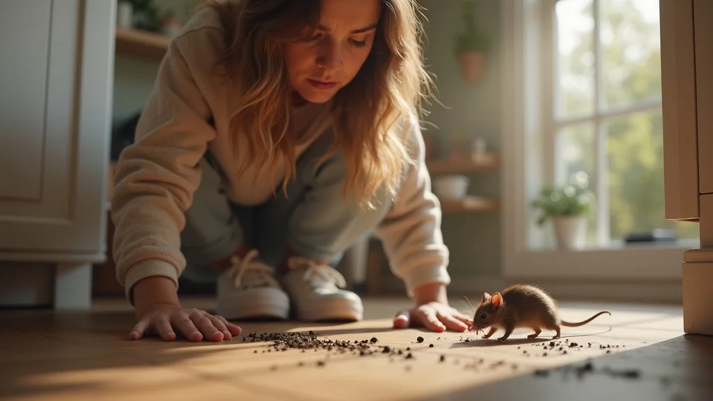 Concerned homeowner discovering rodent droppings, early signs of rodent infestation response in kitchen - rodent control