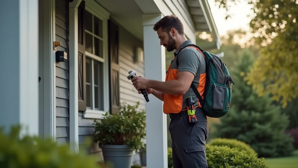 Professional wildlife removal technician examining home entry point for animal removal safety