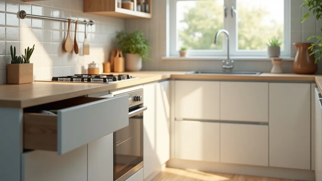 Contemporary kitchen checked for rodent droppings and traps as part of regular rodent infestation response, no visible infestations