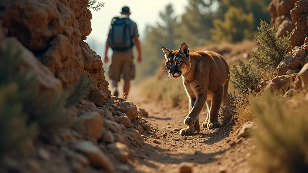 mountain lion in urban denver, mountain lion partially concealed on urban trail, hiker safe distance, city outskirts, photorealistic late afternoon light, detailed fur textures