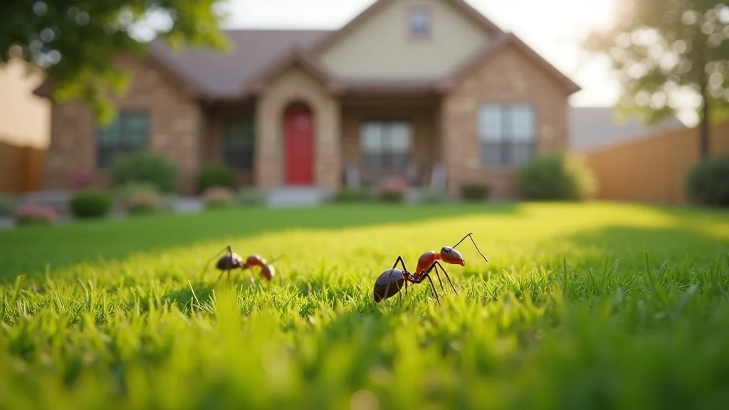 ant control centennial - view of suburban Centennial home exterior showing an ant trail entering, lush lawn and blooming flowers, calm and photorealistic