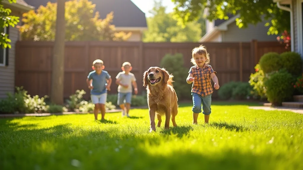 Sunny Englewood backyard, children and dog playing on grass, subtle mosquito prevention, photorealistic, bright greens, garden beds, afternoon light