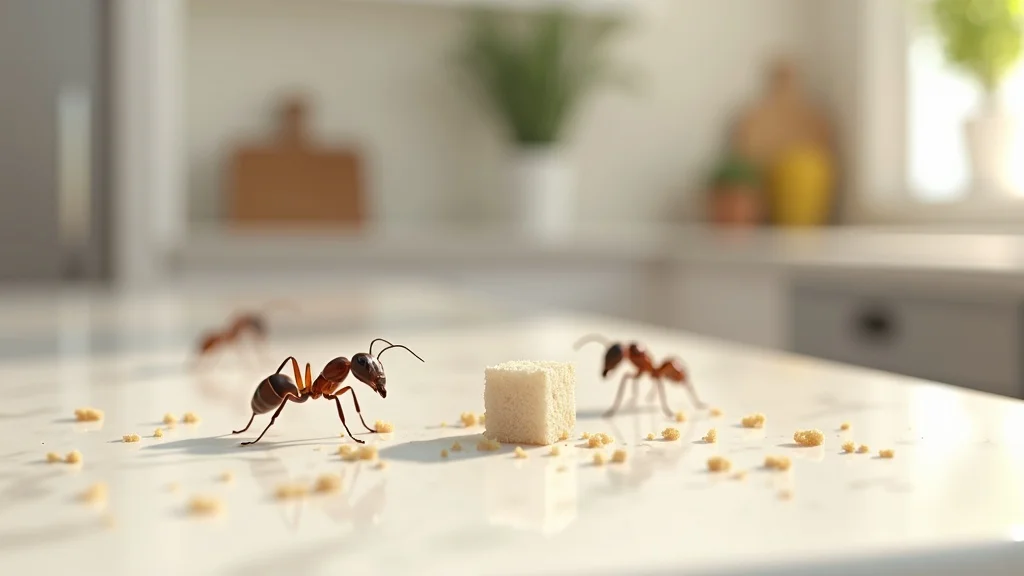 Macro view of household ants in modern Englewood Colorado kitchen, photorealistic, ants foraging on marble countertop with stainless appliances and daylight