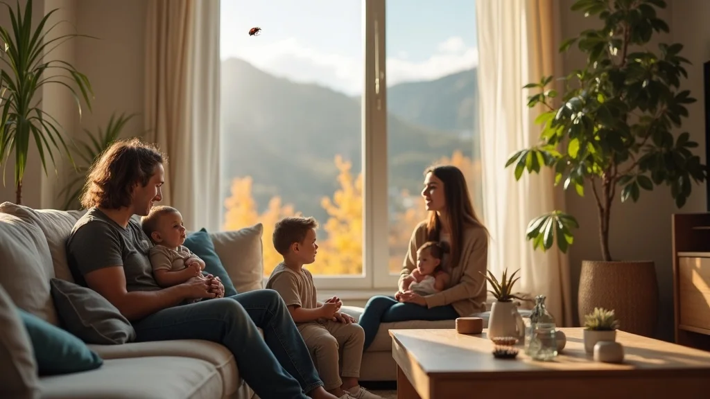 Bright modern Englewood living room, family observing ladybug at window, seasonal Colorado scenery, photorealistic, natural light, blue and earth tones