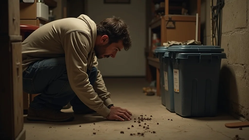 Englewood basement, homeowner inspecting for rodent droppings near sealed bins, visible wall crack, photorealistic, earthy tones, soft light