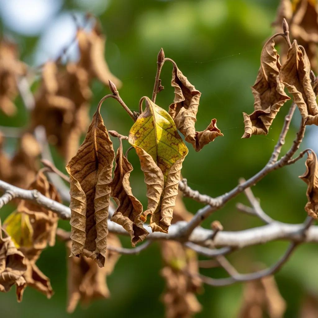 Close-up of a dead tree branch indicating the need for pruning